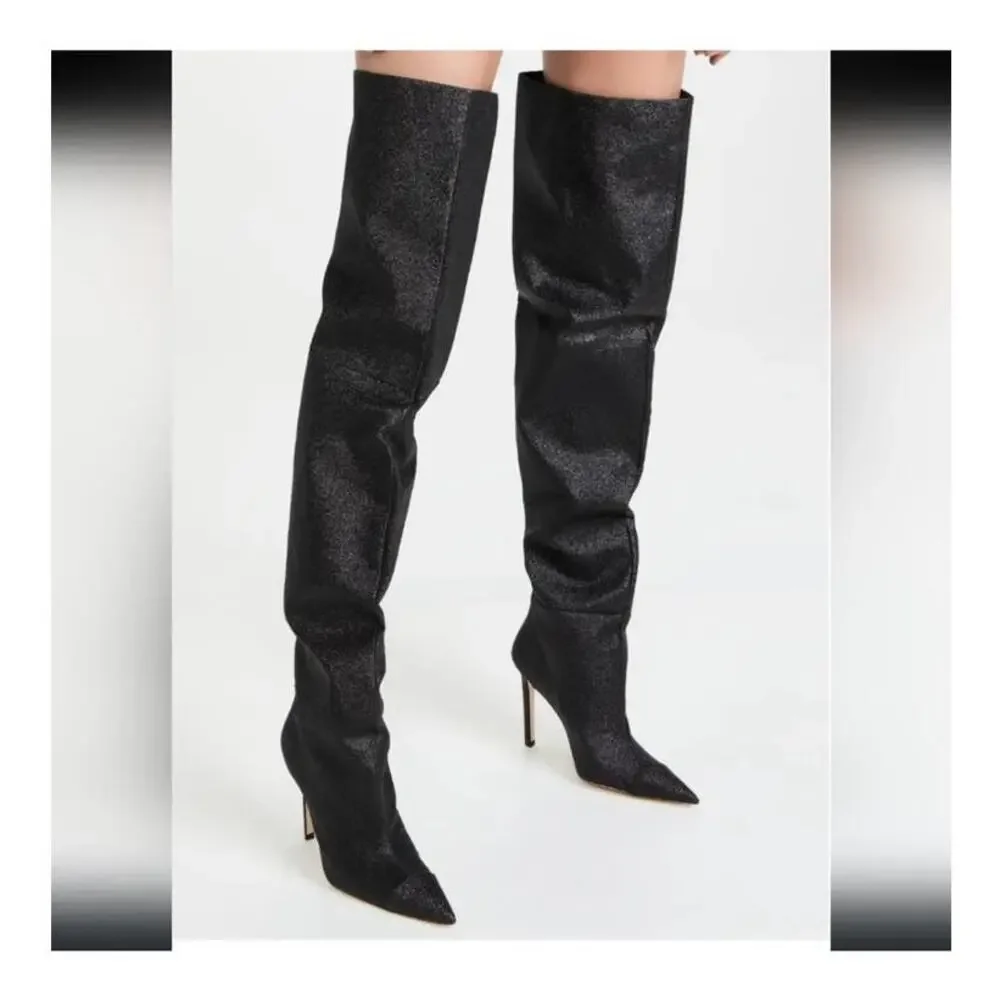 Good American Over‎ The Knee Slouch Boot in Black Glitter Size 6.5 NEW